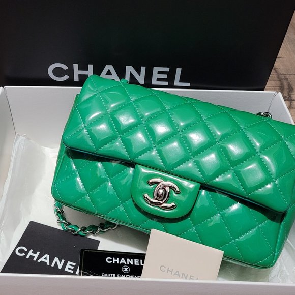 CHANEL Handbags - Chanel Classic Patent Quilted Mini Rectangular Flap Green